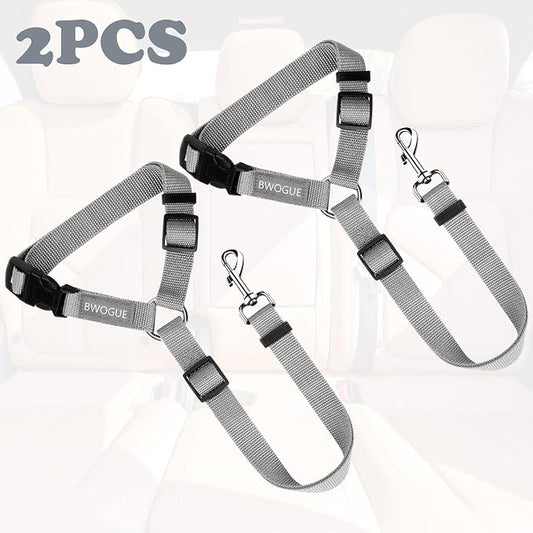 BWOGUE 2 Packs Dog Cat Safety Seat Belt Strap Car Headrest Restraint Adjustable Nylon Fabric Dog Restraints Vehicle Seatbelts Harness Grey