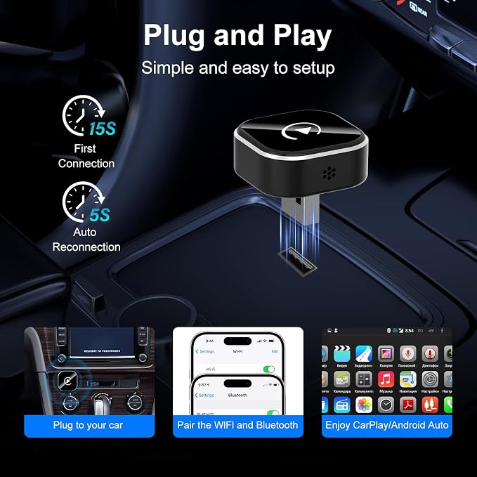 Wireless CarPlay & Android Auto Adapter: 2026 Upgraded Mini Plug & Play CarPlay Dongle - Convert Wired to Wireless - Fast Stable Connection, No Delay for for iOS 10+ & Android 11+, 2017+ Cars