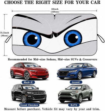Car Windshield Sun Shade, Funny Eyes Car Sun Shade, Windshield Cover Universal Fits Crossover Mid-Large Sedan SUV Family Vehicle,UV Heat Protection - 63 x 31.5