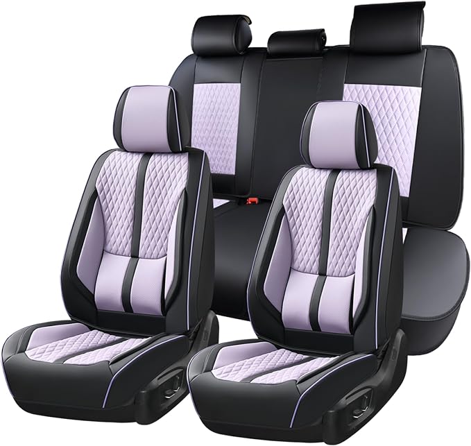 Huidasource Leather Seat Covers, Nappa Leather Seat Covers for Cars with Velcro Adjustable, Airbag, Lumbar Support, Cooling ＆ Heating, Purple Seat Covers Fit for Most Cars SUV Trucks, Black＆Purple