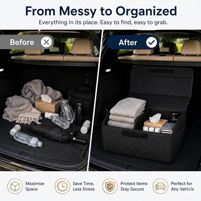 Leather Car Trunk Organizer with Lid,65L Foldable Storage Box for Universal Cars, SUVs, Sedans and MPVs, Removable Divider, Carry Handles, Black