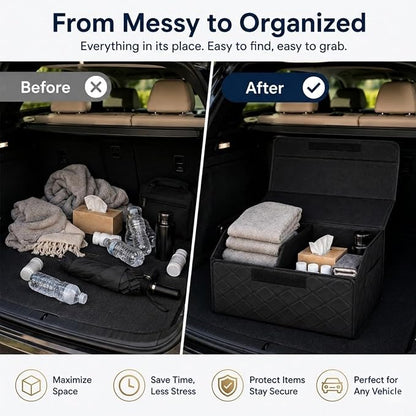 Leather Car Trunk Organizer with Lid,65L Foldable Storage Box for Universal Cars, SUVs, Sedans and MPVs, Removable Divider, Carry Handles, Black