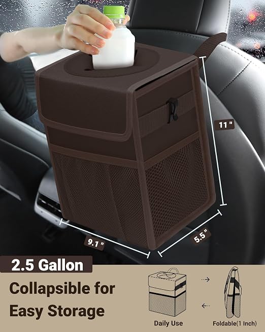 Capolo Car Trash Can with Lid, Leakproof Car Trash Bag Hanging Waterproof Automotive Garbage Can with Storage Pockets Mini Vehicle Trash Bin for Back/Front Seat(Brown,2.5 Gallon)