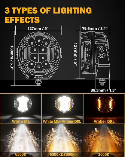 Auxbeam 5In V-Ultra Series 172W LED Light Pods, Offroad Round Driving Light with Amber DRL, 270° Wide Range Super Bright Side Shooter White Hyper Spot Beam Universal Lights with Black Cover-2PCS