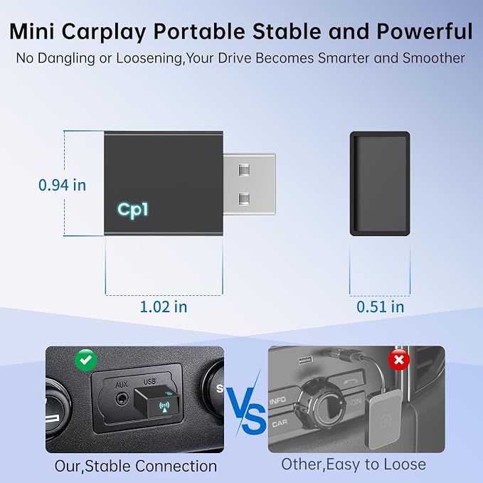 Wireless CarPlay Adapter for Apple iPhone, Convert Wired to Wireless Mini USB Bluetooth Car Play Adapter with Stable 5.8GHz Wi-Fi Plug & Play - Compatible with Cars 2016+ and iOS 10+