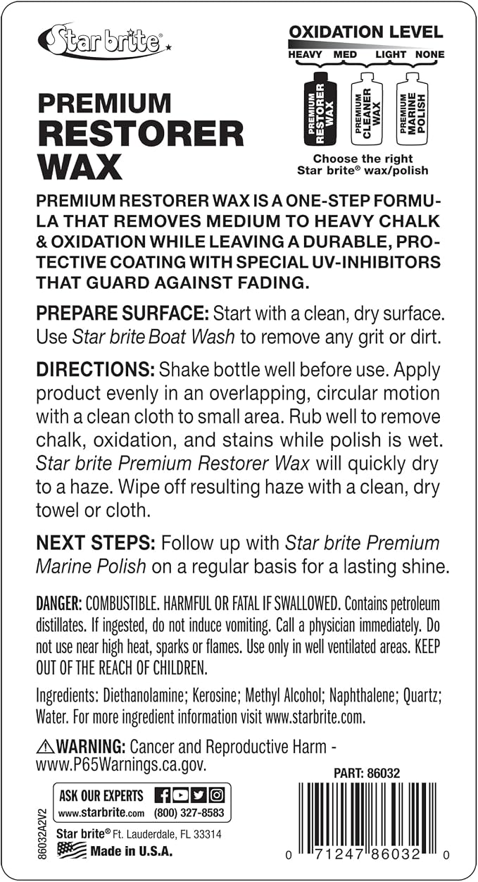 STAR BRITE Premium Restorer Wax – for Medium to Heavy Oxidation – Cleans and Restores in One Easy Step – Helps Provide a Durable Protective Coating with UV Inhibitors for a Brilliant Finish