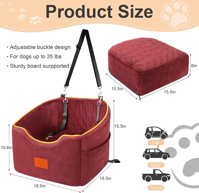 XIEEAOZEE Dog Car Seat for Small Dogs, Memory Foam Booster Dog Seat for Dogs up to 35 lbs, Elevated Pet Car Seat, Travel Safety Pet Seat with Washable Removable Cover, Storage Pockets (Red)