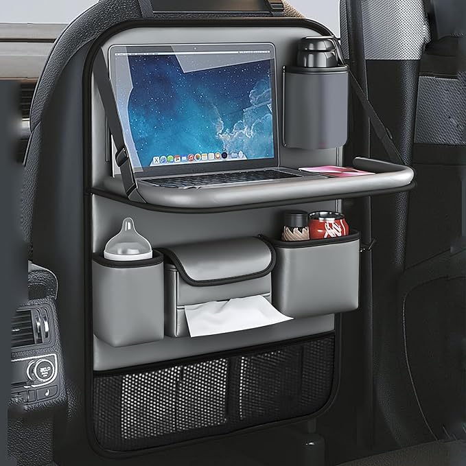 Waterproof PU Leather Car Seat Back Organizer with Foldable Tray Table, Backseat Organizer with Tablet Holder, Cup Holder, Tissue Holder and Kick Mat for SUV Sedan Minivan, Gray