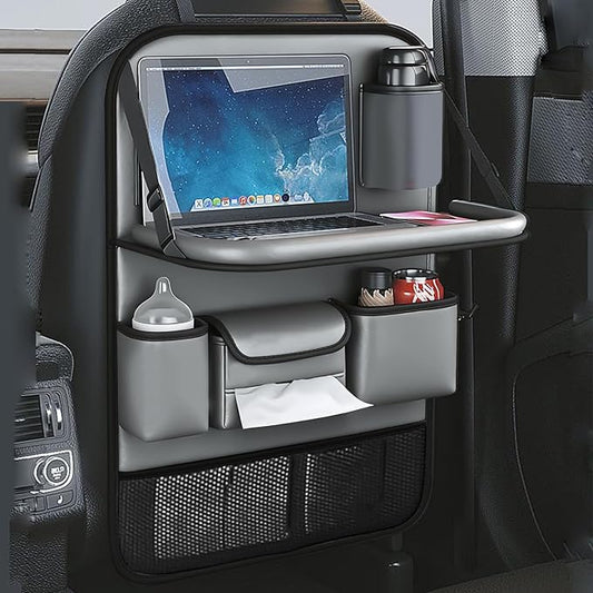 Waterproof PU Leather Car Seat Back Organizer with Foldable Tray Table, Backseat Organizer with Tablet Holder, Cup Holder, Tissue Holder and Kick Mat for SUV Sedan Minivan, Gray