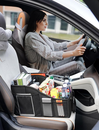 YOHOOLYO Car Seat Organizer Backseat Car Organizer with 4 Compartments, 4 Cup Holders and 7 Mesh Pockets for Front and Rear Seat, Black