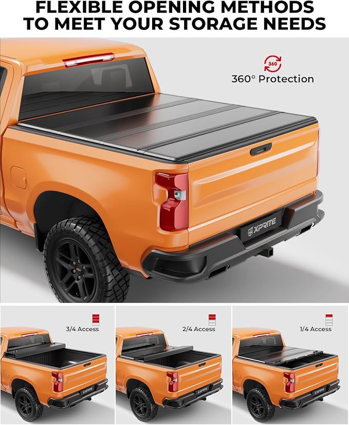 Xprite FRP Hard Quad Fold Truck Bed Tonneau Cover Compatible with 2007-2026 Chevrolet Silverado/GMC Sierra 1500 Fleetside 4-Folding Chevy Bed Cover 5.8FT (69.6"), Excludes Classic Body