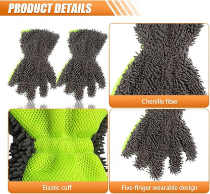 Craedli 2PCS Car Wash Mitts, Anti-Scratch Double Sided 5-Finger Microfiber Car Interior&Exterior Detailing Gloves, Soft Vehicle Chenille Dusting Mitt for Cleaning Wheel Tight Spot (Gray)