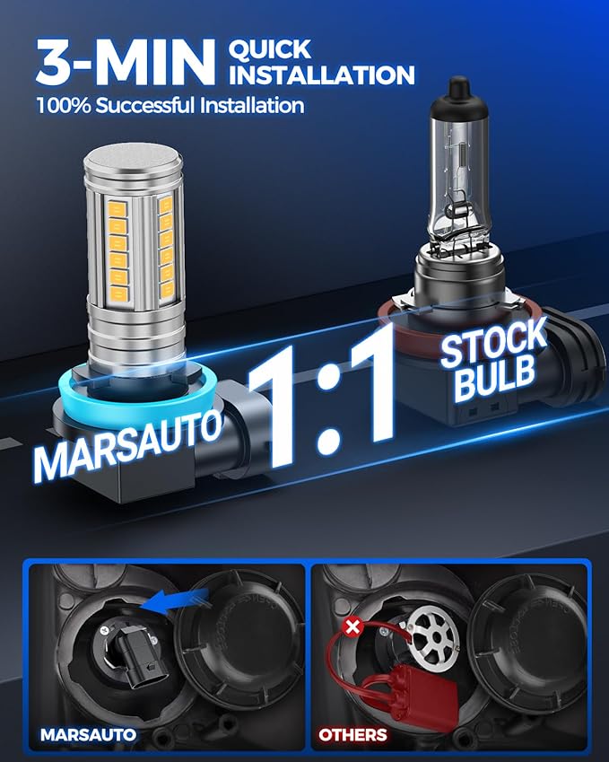 Marsauto H16 H8 Led Fog Light Bulb Yellow 12,000LM, 1:1 Size H11 Yellow Fog Lights, Real 360° Illumination 3000K Amber Strong Penetration, Upgraded LED Chips H11 H8 Fog Bulb, Tail Light Covers