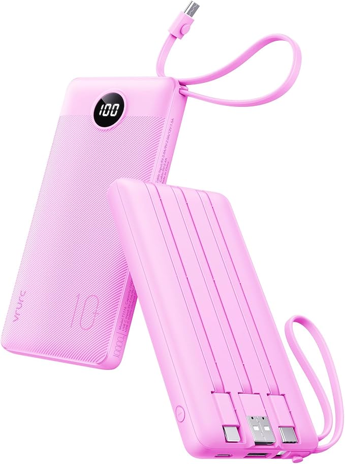VRURC Portable Charger, Built-in 4 Cables Power Bank 10000mAh, Lightweight USB C Portable Phone Charger, 5 Output 2 Input Compatible with Smart Phones,Samsung,Android etc-Purple(1 Pack)
