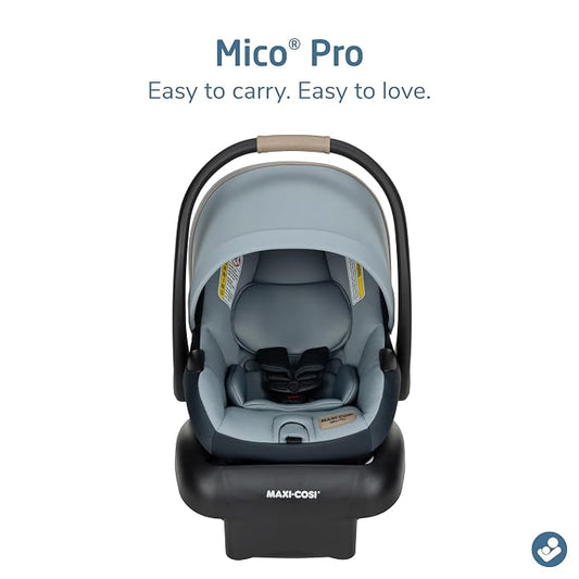 Maxi-Cosi Mico Pro Baby Infant Car Seat with Base, Ventilated Chair, Soft Headrest Pad, Easy-Install Latch, Adjustable Belt Guide, 3-Position Base, Stroller-Ready, 4-30 lbs, up to 32 in, Seascape