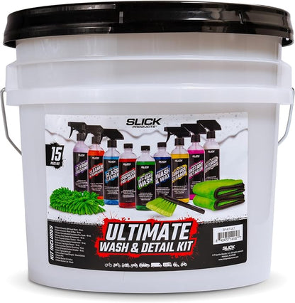 Slick Products Ultimate Wash & Detail Kit (15 Piece) for Car, Truck, Motorcycle, UTV, Dirt Bike, Side by Side, ATV, Off-Road Truck, Jeep, Boat, Jet Ski, Watercraft, Mountain Bike and More