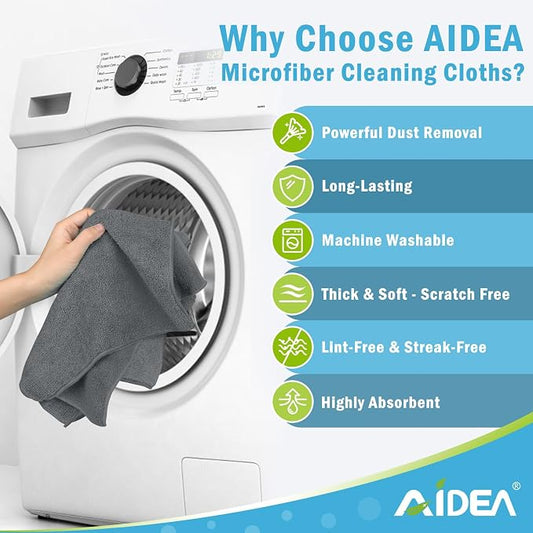 AIDEA Microfiber Cleaning Cloth Grey 12PK, Microfiber Towels for Cars, Premium Car Cloths, Dusting Cloth Lint Free Cleaning Rags for SUVs, House, Kitchen, Window, Workshops,11.5×11.5"