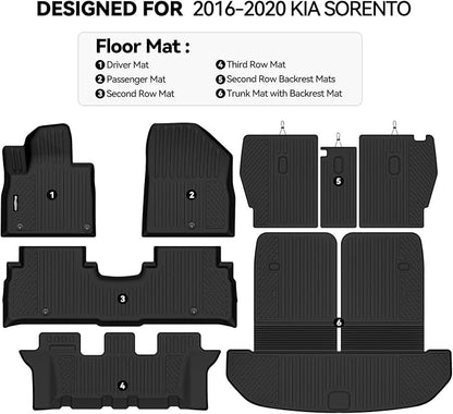 Floor Mats for 2016-2020 Kia Sorento 7 Seats, Trunk Mat with Backrest Mat and 2nd Backrest Mat All Weather TPE Protector for Kia Sorento Accessories
