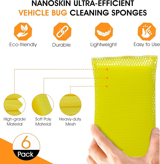 Nanoskin Ultra-Efficient Vehicle Bug Cleaning Sponges, 6-Pack - Durable, Soft, Multi-Surface Compatible | Heavy-Duty Mesh, Ideal for Car and Truck Detailing, Eco-Friendly | Proudly Made in USA