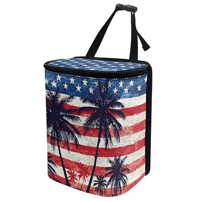 Talayituse American Flag Palm Tree Print Car Trash Can Portable Auto Garbage Bin Multifunctional Vehicle Interior Accessories with Adjustable Straps 4th of July Decor Universal Fit Truck SUV Sedan