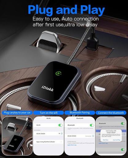 iDiskk Wireless CarPlay Adapter for iPhone and iOS 10+, Convert Wired CarPlay to Wireless, Plug-and-Play, 2025 Upgraded No Latency with USB C Wired CarPlay