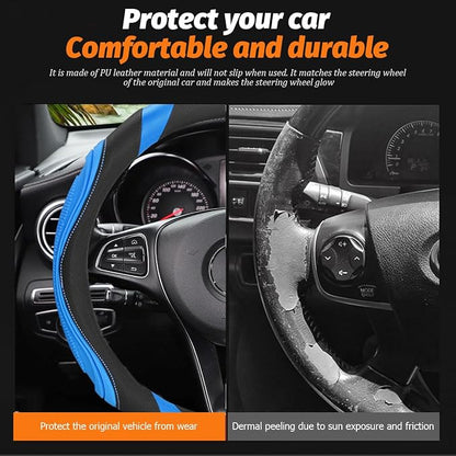 Osilly 15 Inch Car Leather Steering Wheel Cover, Automotive Accessories Elastic Breathable Anti-Slip Soft Wheel Protector Fits Men and Women, Suitable for SUVs, Trucks, Vehicles and RVs (Light Blue)