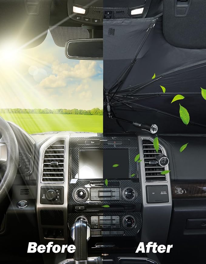 JOYTUTUS Windshield Sun Shade Umbrella, Fit for Ford 2015-2025 F150 F250 F350, Front Window Sun Shade with 360° Rotation Bendable Shaft, Titanium Silver Coating for UV Block, with Car Safety Hammer