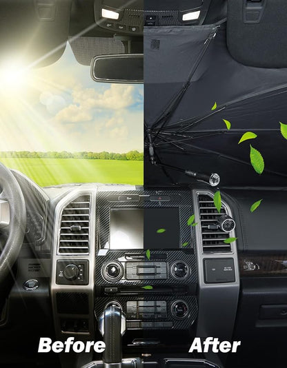 JOYTUTUS Windshield Sun Shade Umbrella, Fit for Ford 2015-2025 F150 F250 F350, Front Window Sun Shade with 360° Rotation Bendable Shaft, Titanium Silver Coating for UV Block, with Car Safety Hammer