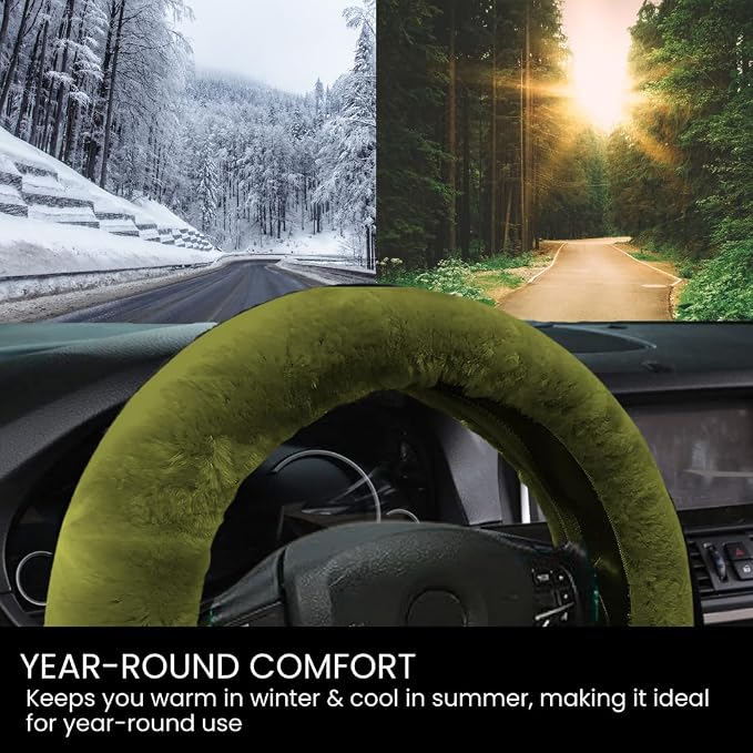 Andalus Brands Luxury Fluffy Car Steering Wheel Covers – Genuine Merino Sheepskin, Soft Fuzzy Car Steering Wheel Cover for Women, Universal 14.5-15" Size, Plush Fur Cute Auto Accessories, Green