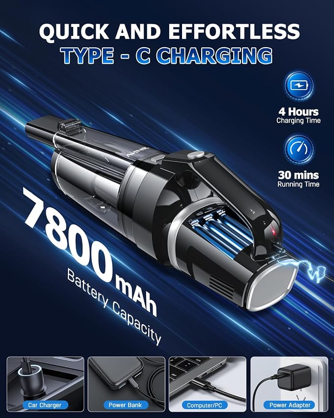 AHNR Handheld Vacuum Cordless, 16000PA Powerful Suction Hand Held Vacuum Cordless Rechargeable with LED Light & 2 HEPA Filters, Portable Car Vacuum Cleaner High Power for Car Home Office