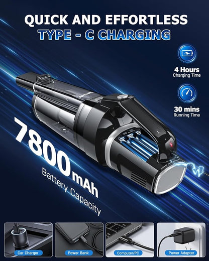 AHNR Handheld Vacuum Cordless, 16000PA Powerful Suction Hand Held Vacuum Cordless Rechargeable with LED Light & 2 HEPA Filters, Portable Car Vacuum Cleaner High Power for Car Home Office