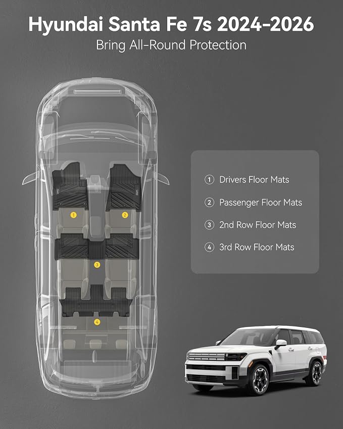 3W Floor Mats Fit for 2024 2025 2026 Hyundai Santa Fe (Not for Hybrid) 7 Seats, TPE All Weather Floor Liner Heavy Duty Car Accessories, Anti-Slip 1st & 2nd Rows Floor Liners, Black
