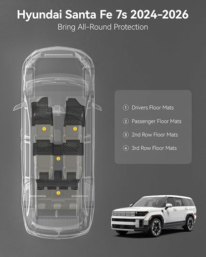 3W Floor Mats Fit for 2024 2025 2026 Hyundai Santa Fe (Not for Hybrid) 7 Seats, TPE All Weather Floor Liner Heavy Duty Car Accessories, Anti-Slip 1st & 2nd Rows Floor Liners, Black