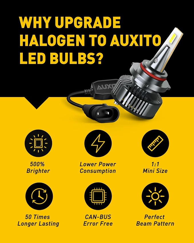 AUXITO 9005 Bulbs, Mini Sized, CanBus Ready, 50,000 Lumens 900% Brighter, Beam Adjustable 9005 HB3 Light Bulb, 6500K Xenon White, Pack of 2