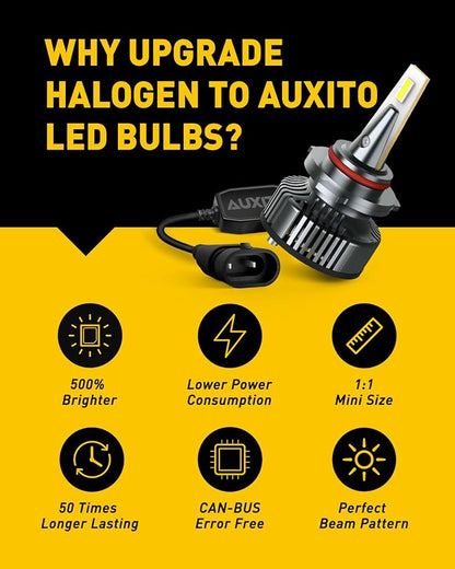 AUXITO 9005 Bulbs, Mini Sized, CanBus Ready, 50,000 Lumens 900% Brighter, Beam Adjustable 9005 HB3 Light Bulb, 6500K Xenon White, Pack of 2