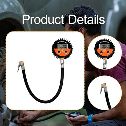 Tire Pressure Tester & Inflation Hose with Flexible 40cm (15.75 inch) Hose for Trucks, Cars, Motorcycles
