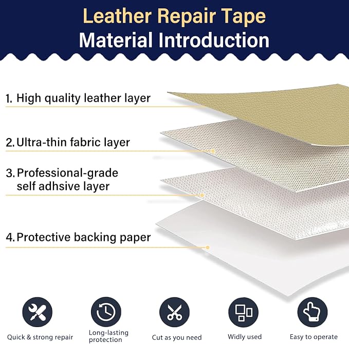 Zenyao Leather Repair Patch Tape - Self Adhesive Leather Repair Kit for Car Seat Furniture, Heavy Duty Vinyl Repair Patch for Couch Sofa, Waterproof Fix for Tears, 12x30 Inch Roll, White Khaki