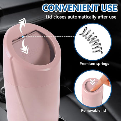 Hovom Mini Car Trash Can with Lid, Portable Garbage Can for Car, Leakproof Cup Holder Automotive Garbage Bin with 2 Rolls of Trash Bags, Small Trash Storage Can for Car Home Office(Pink)