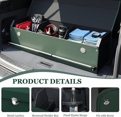 Car Trunk Organizer, Leather Car Trunk Storage Organizer with Lid and Sturdy Handle Car Organizer Storage Box Suv Trunk Organizer (Green, 40.5 x 11.4 x 12.2in)