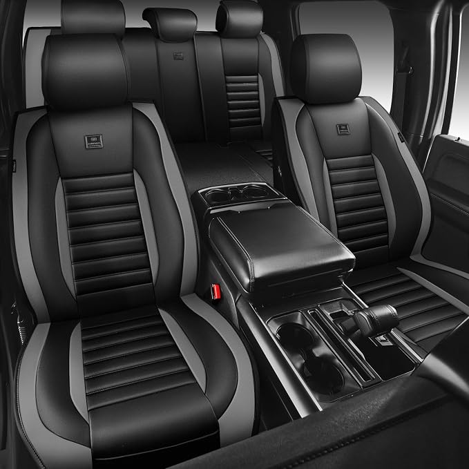 CAR PASS Nappa Leather Car Seat Covers Full Set, Luxury Seat Protector for Cars, Waterproof Anti-Slip Seat Cushion Armrest Compatible Airbag Universal for Sedan SUV Pick-up Truck Auto, Black Gray