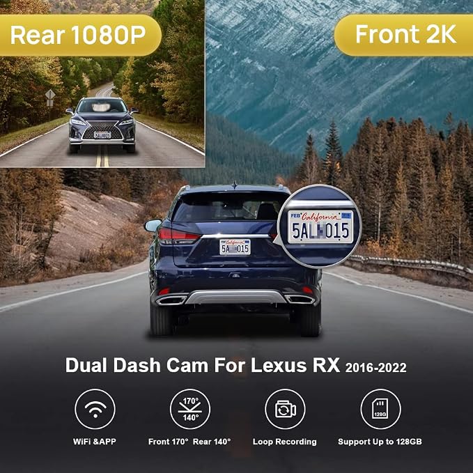 Fitcamx 2K Dual Dash Cam Suitable for Lexus RX 350 450h F Sport Luxury 2016 2017 2018 2019 2020 2021 2022, OEM Style, Front 1440P Rear 1080P HD Video, Loop Recording WiFi, Parking Mode, 64GB Card