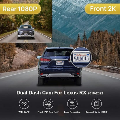 Fitcamx 2K Dual Dash Cam Suitable for Lexus RX 350 450h F Sport Luxury 2016 2017 2018 2019 2020 2021 2022, OEM Style, Front 1440P Rear 1080P HD Video, Loop Recording WiFi, Parking Mode, 64GB Card