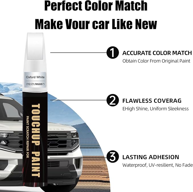 Oxford White(YZ/Z1/M6887) Car Paint Touch Up Pen Compatible with Ford,2-In-1 Color Accurate Touch Up Car Scratch Repair Paint Exact Match Ford Series Automotive Scratch Remover for Nicks&Chips Repair