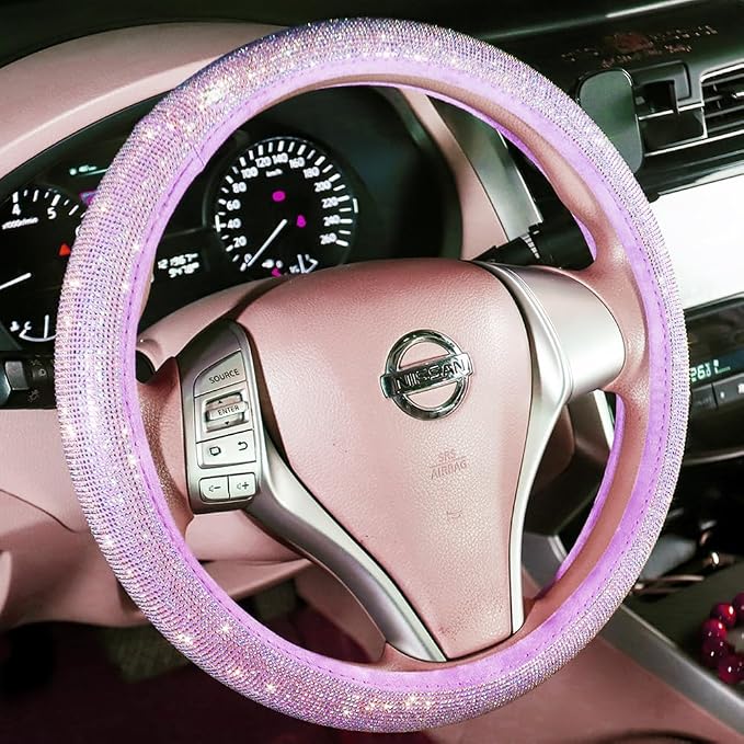 Car Fuzzy Bling Steering Wheel Cover for Women Purple, 15 Inch Universal with Colorful Diamonds Rhinestone Cute Accessories Crystal Anti-Slip Wheel Protectorer