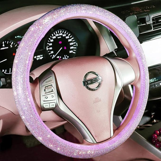 Car Fuzzy Bling Steering Wheel Cover for Women Purple, 15 Inch Universal with Colorful Diamonds Rhinestone Cute Accessories Crystal Anti-Slip Wheel Protectorer