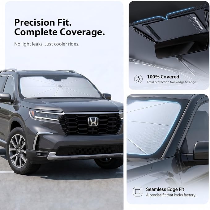 2026 Upgraded Windshield Sun Shade Umbrella for Honda Pilot [Precision Custom Fit, Superior UV & Heat Block] Cooling Tech Fabric, Durable Foldable with Storage Bag, Fits 2003-2026