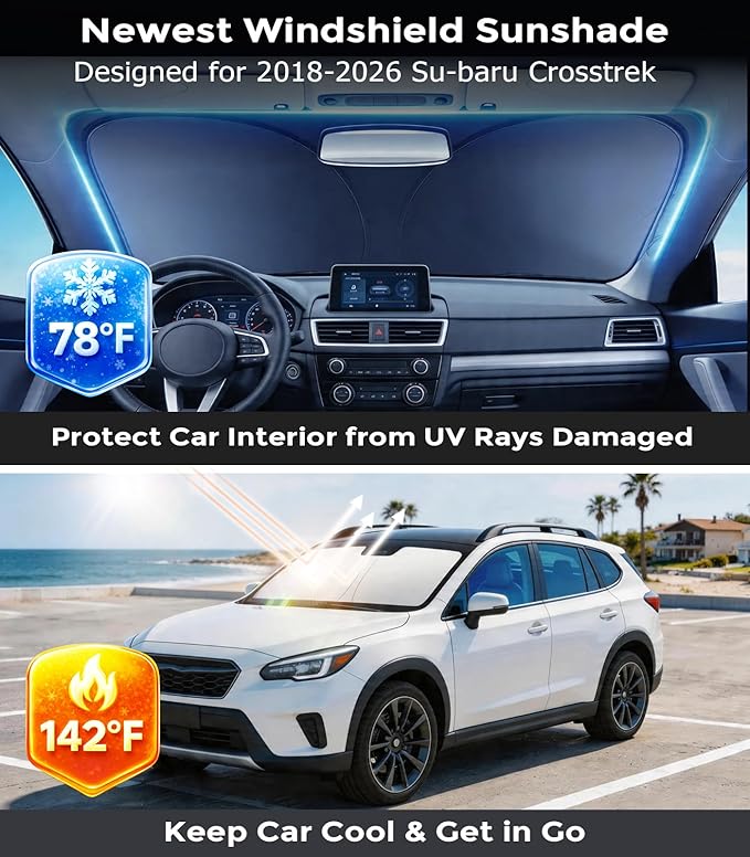 DMJN Front Windshield Sun Shade for Su-baru Crosstrek (2018-2026), [Nano Ice-Crystal Coatings] UPF50+ Heat & UV Block, Protect Car Interior & Keep Cool, Flodable Steel-Ring Car Cover for Summer