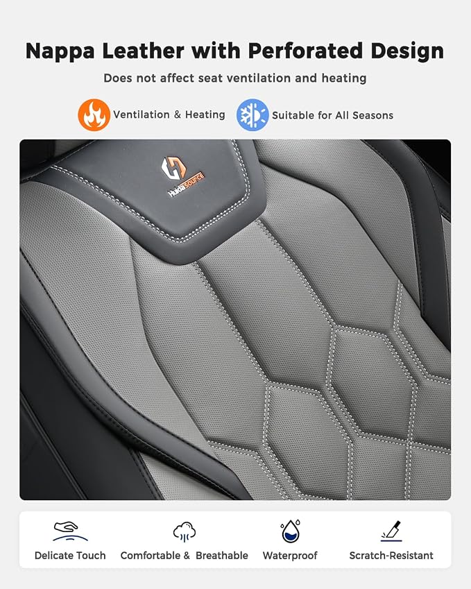 Huidasource Leather Car Seat Covers Full Set, Full Coverage Universal Fit for Most Cars SUVs Trucks, Easy Install with Velcro, Airbag Compatible, Retains Seat Functions & Cupholders, Black & Gray