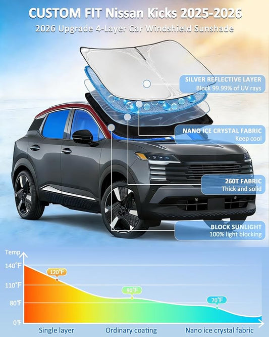 Windshield Sunshade for Nissan Kicks 2025-2026 Sun Shade Car Windshield Accessories Upgrade 4 Layers Blocks UV Rays Custom Fit Kicks 240T Car Window Shades Front Windshield Keep Cool Foldable