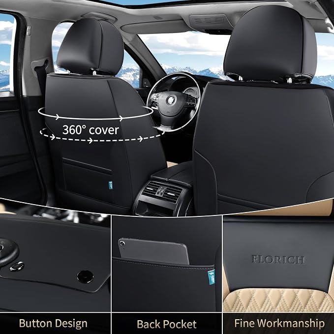 FLORICH Seat Covers, Car Seat Covers Full Set, Luxury Nappa Leather Seat Covers, Breathable and Waterproof Car Seat Protector 5 Seat, Automotive Seat Covers Universal Fit for Most Cars-Black&Beige